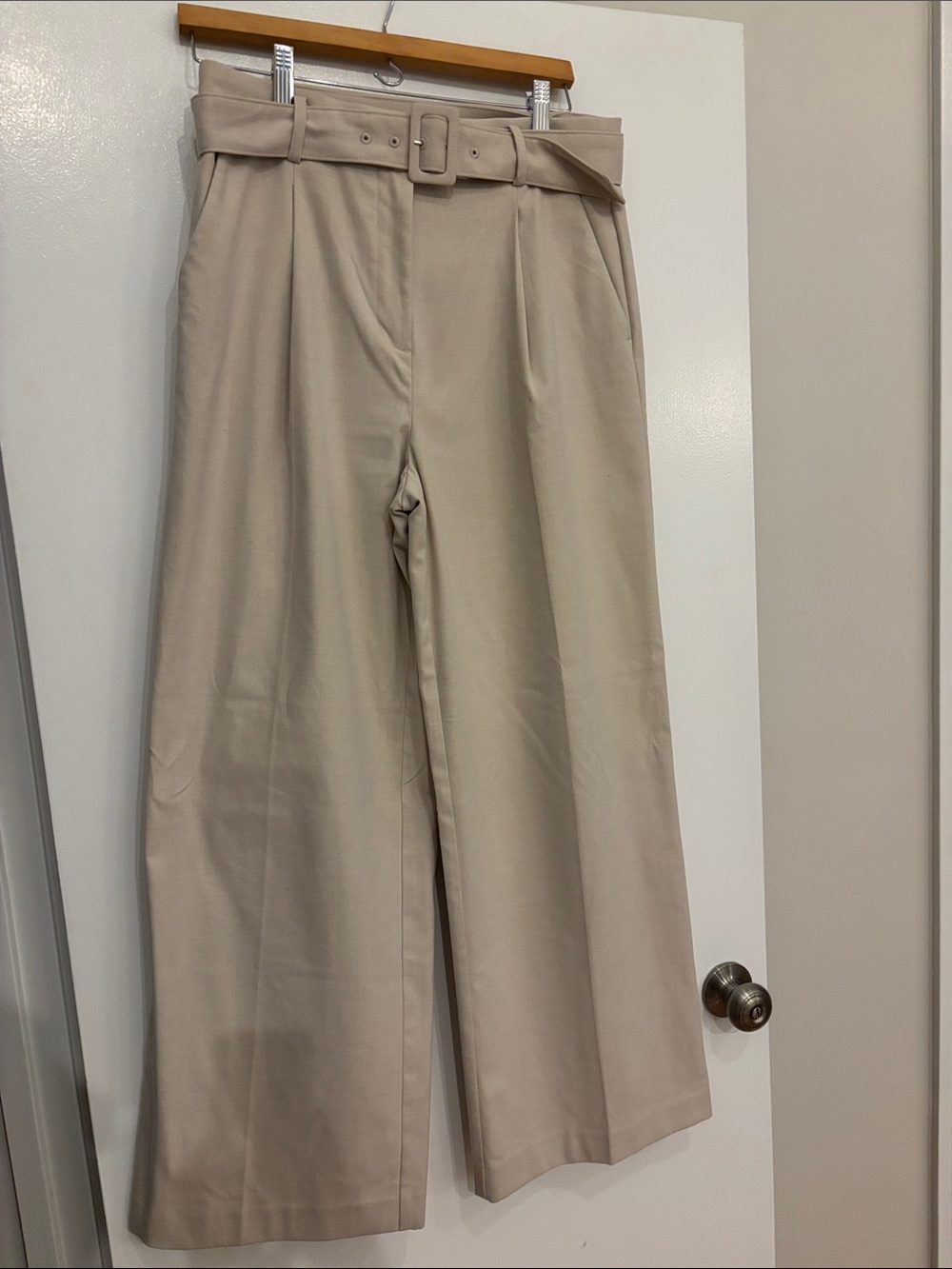 LOFT Beige High-Waist Wide-Leg Belted Trousers